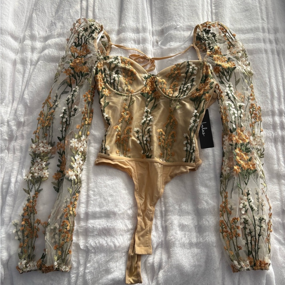 Lulu's Yellow Floral Embroidered Sheer Sleeve Bodysuit